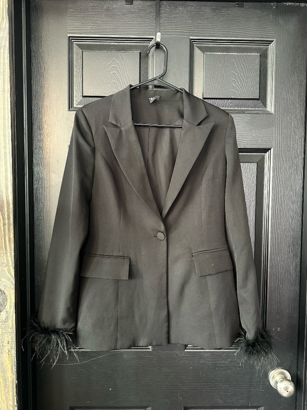 Windsor Black Blazer Feather Cuffs Statement Jacket Size Large
